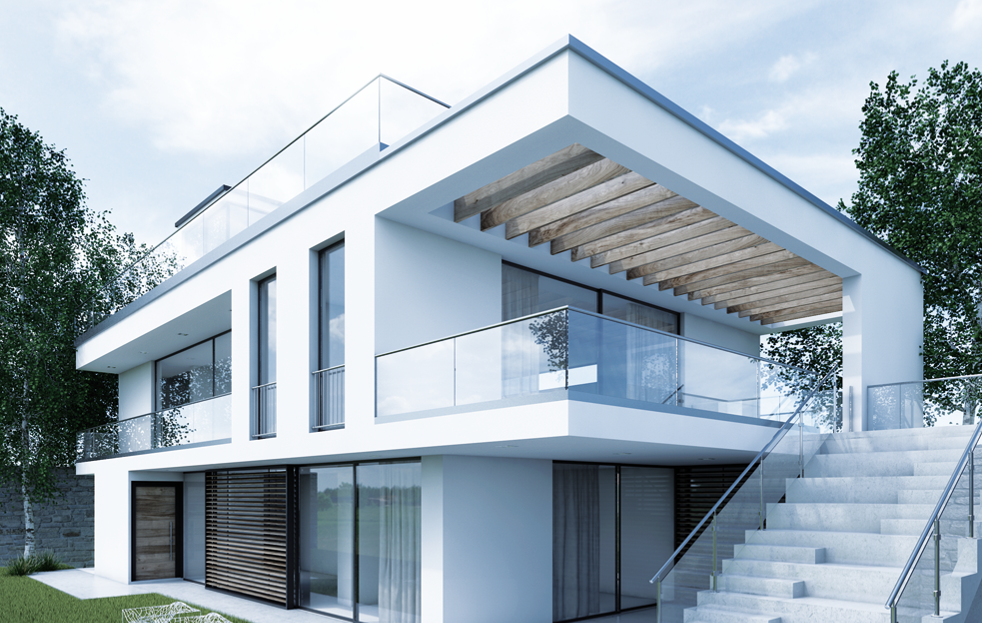 Stadtvilla mit Ganzglasgeländer mit Bodenprofil