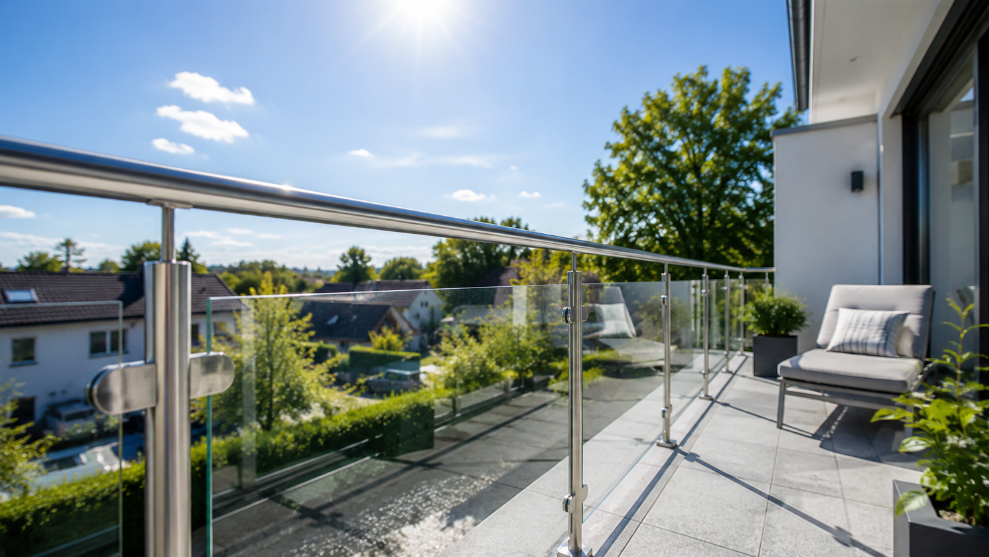 Modernes Edelstahl-Glasgeländer auf einem Balkon an einem sonnigen Sommertag mit klarem blauen Himmel