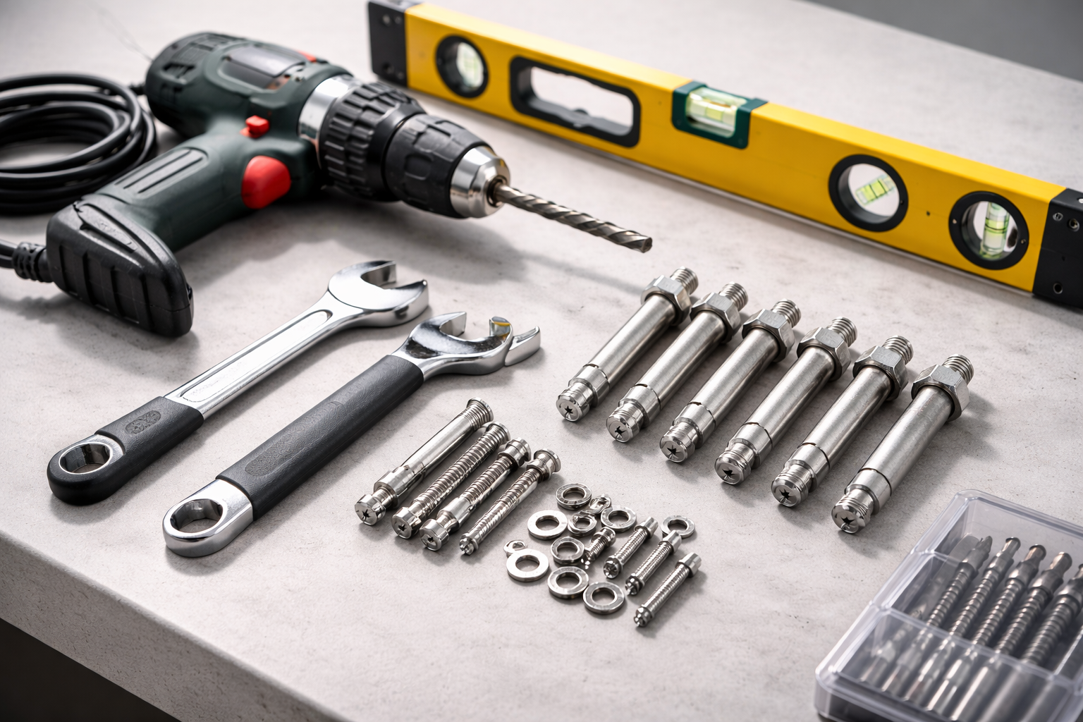 Übersicht über Werkzeuge zur Geländermontage: Akkubohrer mit Steinbohrer, Wasserwaage, Gabelschlüssel und Schwerlastanker aus Edelstahl auf einer Arbeitsfläche.
