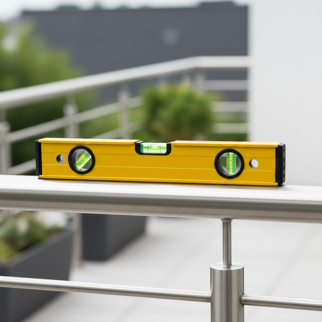 Nahaufnahme eines Edelstahl-Relinggeländers mit einer horizontal ausgerichteten gelben Wasserwaage auf dem Handlauf zur Demonstration technischer Präzision.