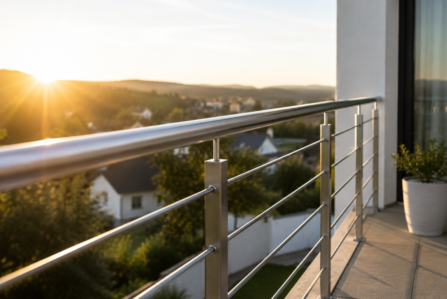 Sonniges Edelstahl-Relinggeländer auf einem Balkon mit warmem Abendlicht
