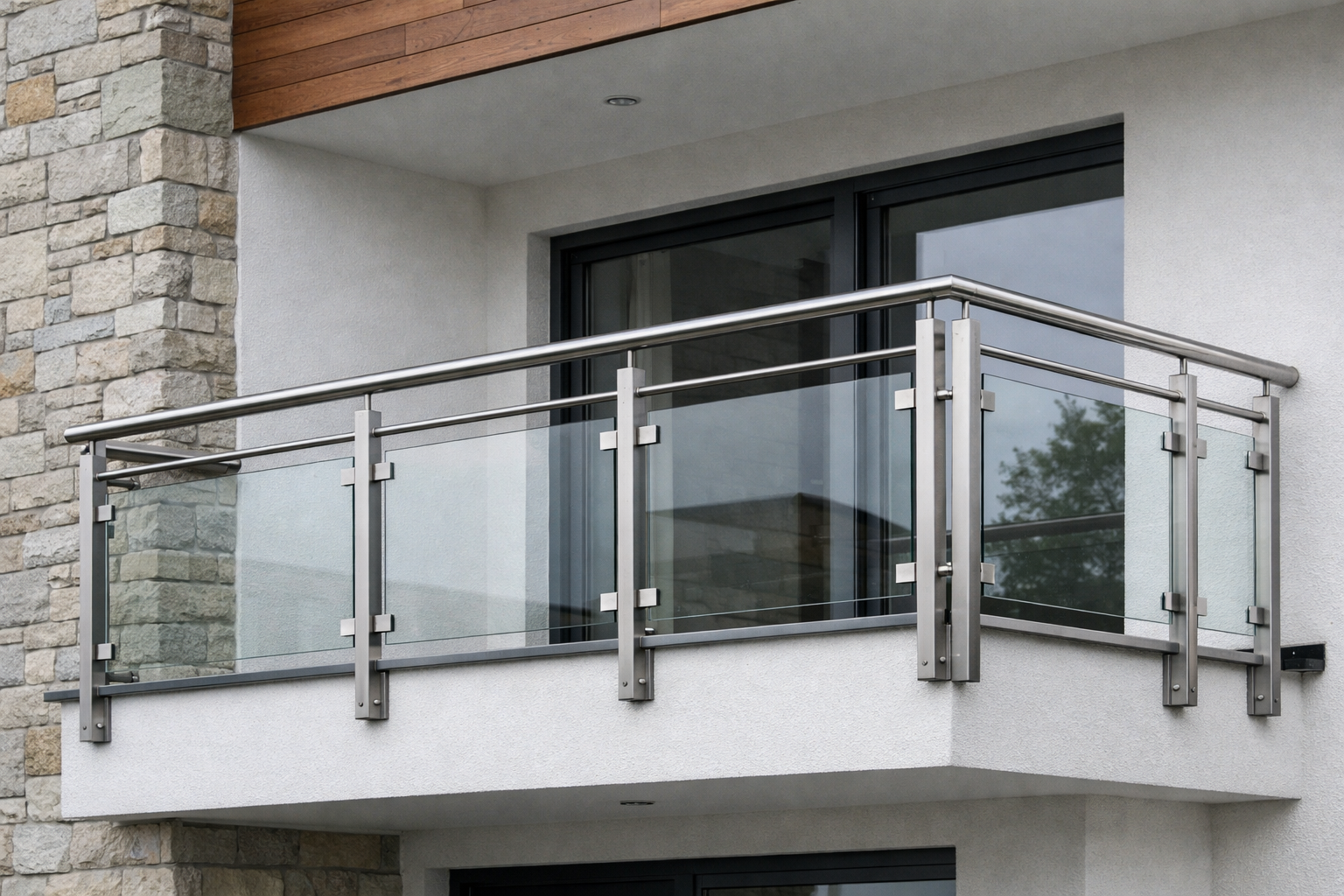 Edelstahl-Glasgeländer für Balkon mit klaren Glasscheiben, moderne Architektur und hochwertige Verarbeitung