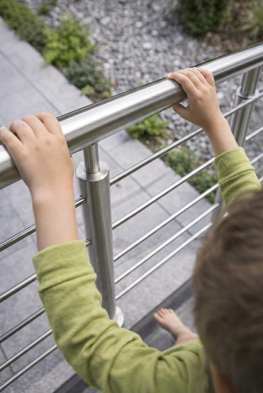 Die Hände eines Kindes in einem grünen Langarmshirt umfassen den Handlauf eines modernen Relinggeländers aus Edelstahl mit fünf horizontalen Querstäben. Das Kind schaut über das Geländer in einen unscharfen Garten mit grauen Pflastersteinen und Schotter.