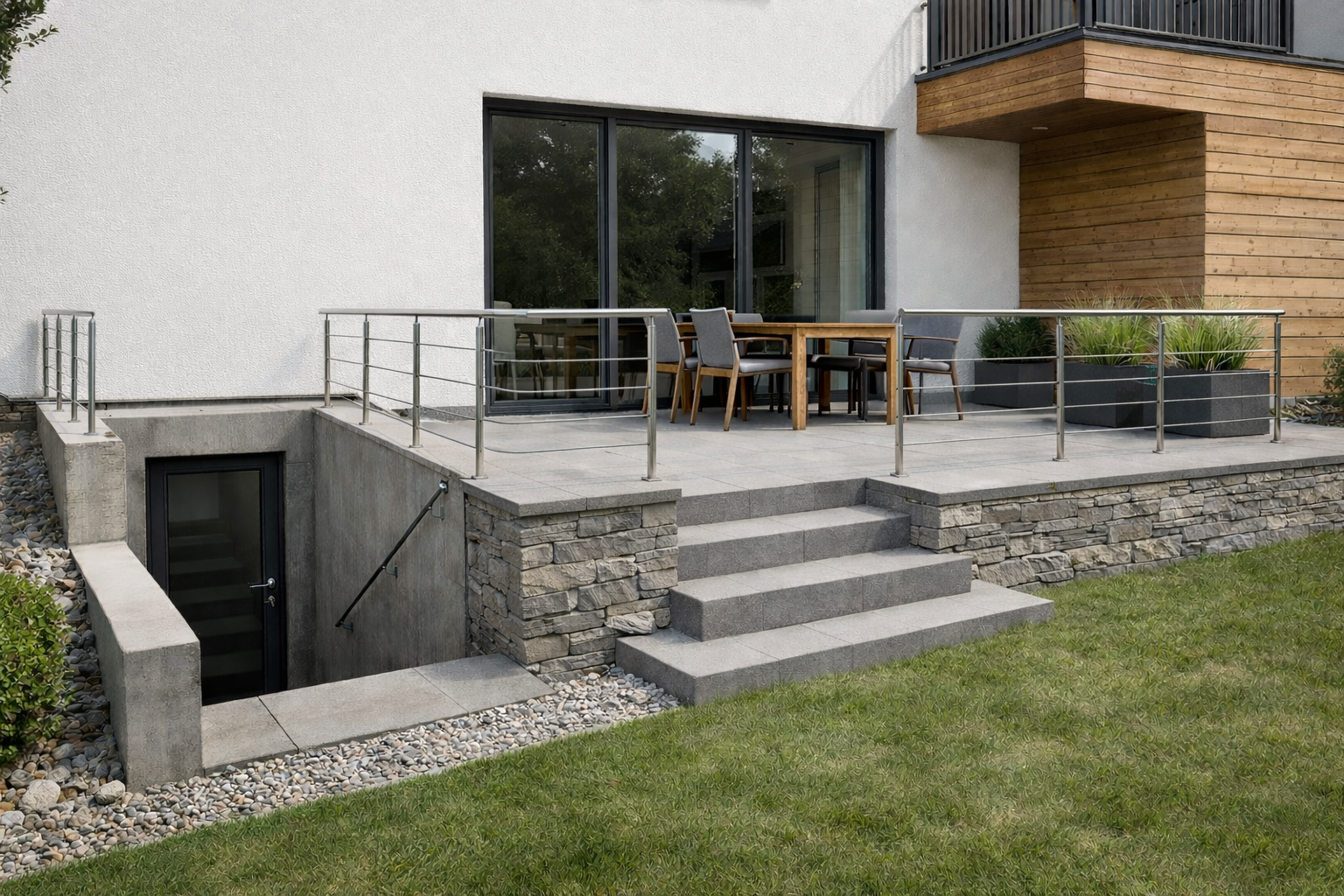 Modernes Edelstahl-Relinggeländer für Terrasse und Außentreppe an Einfamilienhaus mit Naturstein und Betonstufen