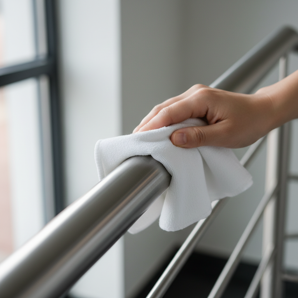 Ein Handlauf aus Edelstahl wird mit einem weißen Mikrofasertuch nach der Montage gereinigt.