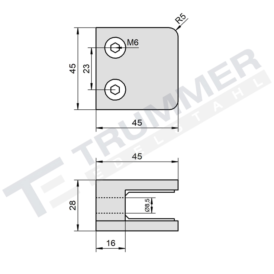 Glashalter 45 x 45 mm (Glasstärke 6,00 mm, ohne Sicherungsstift)