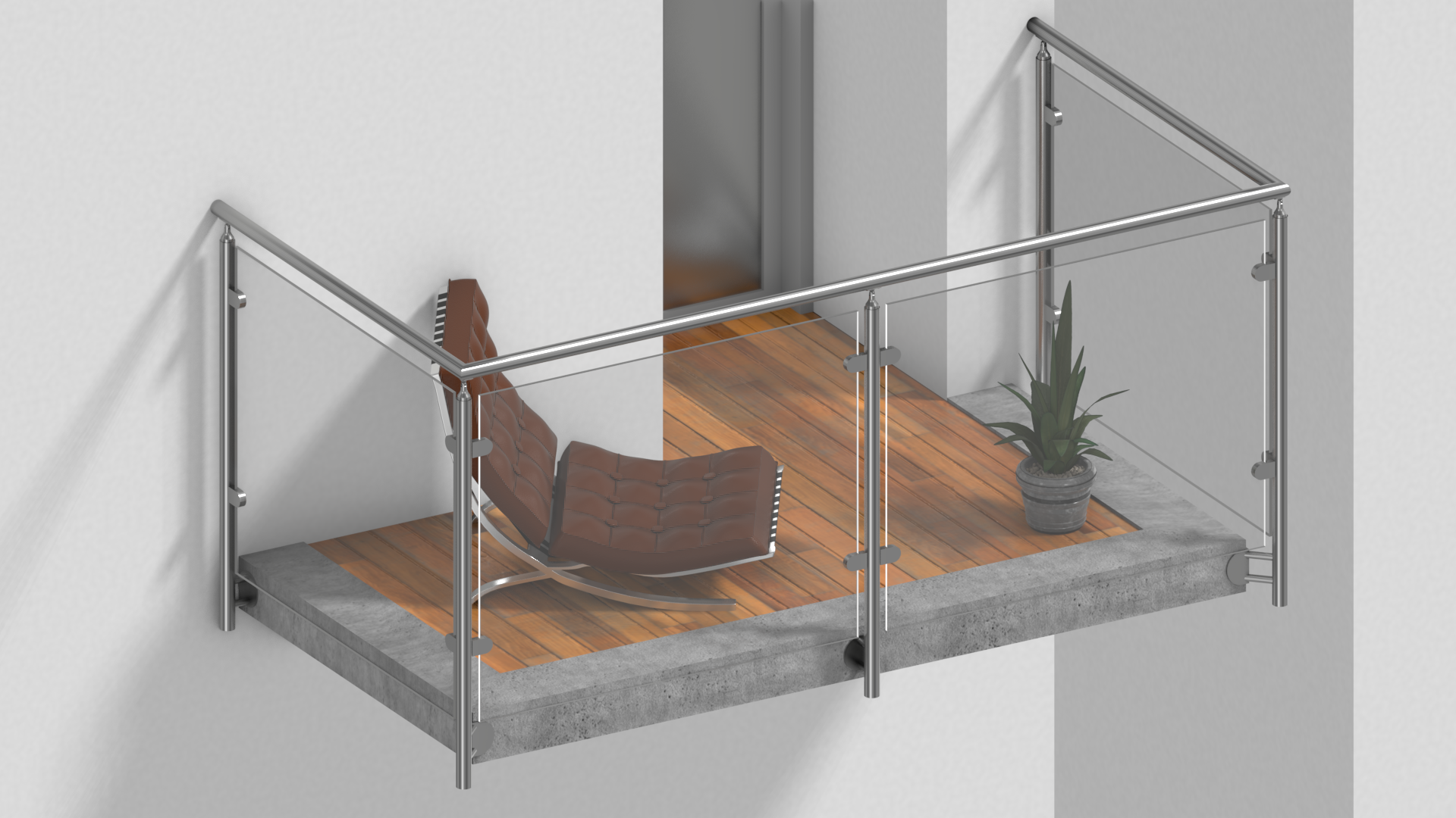 Edelstahl Glasgeländer Bausatz in U-Form zur vorgesetzten Montage mit Klarglas