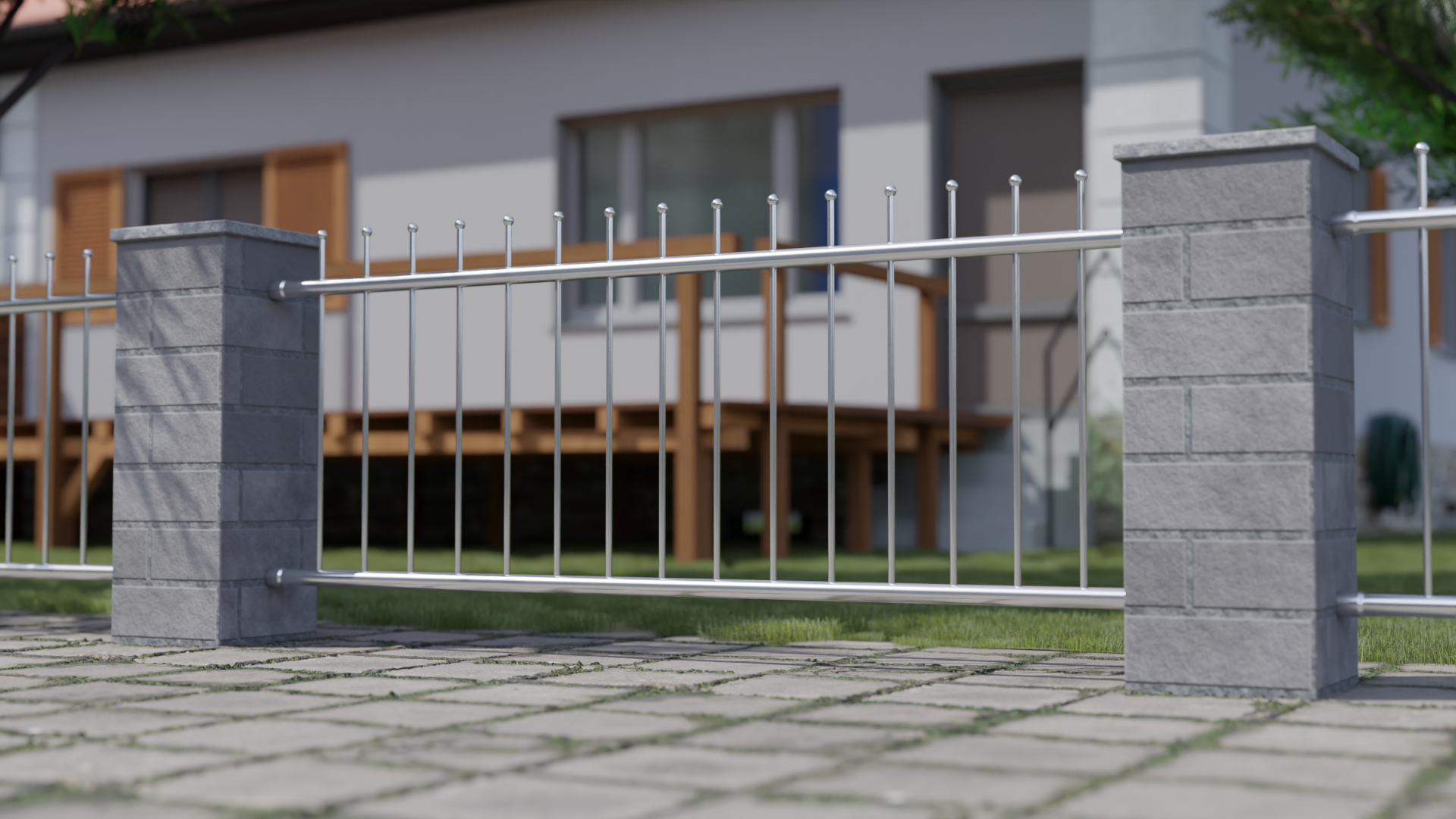 Edelstahl Zaunelement zwischen zwei gemauerten Pfosten zur Einfriedung des Gründstücks