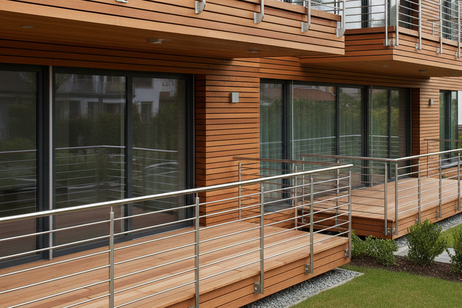 Edelstahl-Balkongeländer mit horizontaler Reling an moderner Fassade aus Holz, zeitloses Architekturdesign